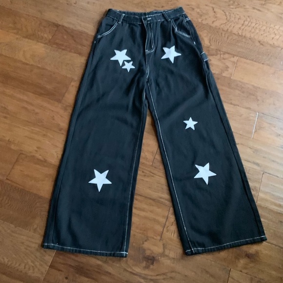 ROMWE Denim - Romwe White Stars Black‎ Carpenter Cargo Pants